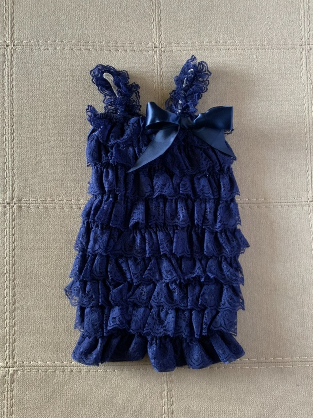 Navy Lace Ruffle Romper with Satin Bow